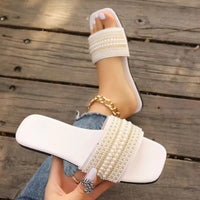 Women Luxury Pearl Slippers Square Toe Beach Flat Sandals Comfortable Non Slip Slippers  Slides Women - Natalia Home Fashion