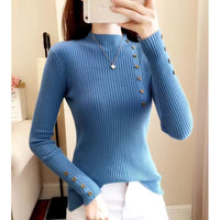 Half High Neck Sweater Women's New Style Pullover Knit Sweater with Button Up Long Sleeves Slim Fit Tight Fitting Bottom Shirt