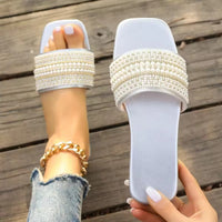 Women Luxury Pearl Slippers Square Toe Beach Flat Sandals Comfortable Non Slip Slippers  Slides Women - Natalia Home Fashion