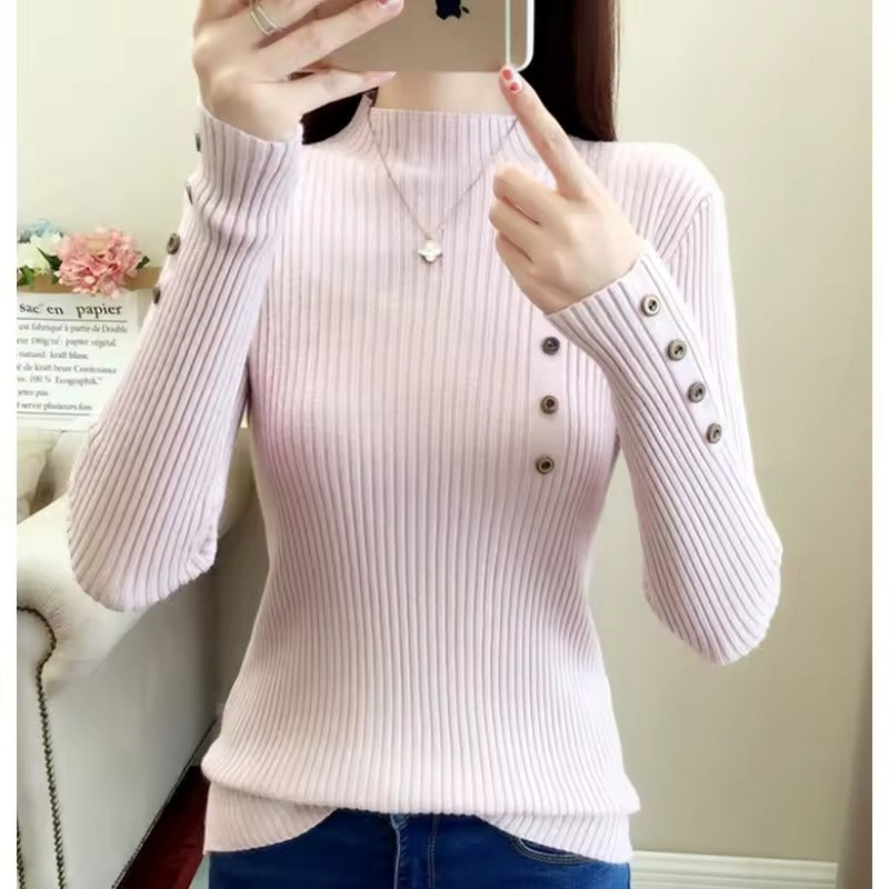 Half High Neck Sweater Women's New Style Pullover Knit Sweater with Button Up Long Sleeves Slim Fit Tight Fitting Bottom Shirt