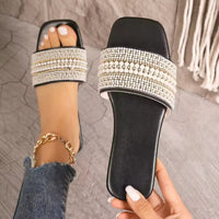 Women Luxury Pearl Slippers Square Toe Beach Flat Sandals Comfortable Non Slip Slippers  Slides Women - Natalia Home Fashion