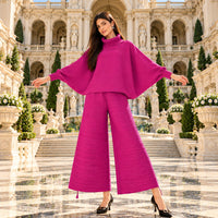 Pleated High Collar Lantern Sleeve Tops Wide Leg Pants Women Spring Causal Two Piece Sets Natalia Home Fashion    Natalia Home Fashion