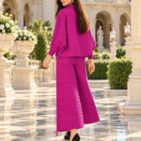 Pleated High Collar Lantern Sleeve Tops Wide Leg Pants Women Spring Causal Two Piece Sets Natalia Home Fashion    Natalia Home Fashion