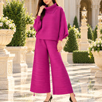 Pleated High Collar Lantern Sleeve Tops Wide Leg Pants Women Spring Causal Two Piece Sets Natalia Home Fashion    Natalia Home Fashion