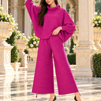Pleated High Collar Lantern Sleeve Tops Wide Leg Pants Women Spring Causal Two Piece Sets Natalia Home Fashion    Natalia Home Fashion