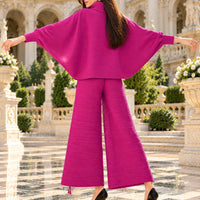 Pleated High Collar Lantern Sleeve Tops Wide Leg Pants Women Spring Causal Two Piece Sets Natalia Home Fashion    Natalia Home Fashion