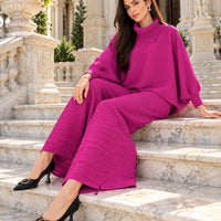 Pleated High Collar Lantern Sleeve Tops Wide Leg Pants Women Spring Causal Two Piece Sets Natalia Home Fashion    Natalia Home Fashion