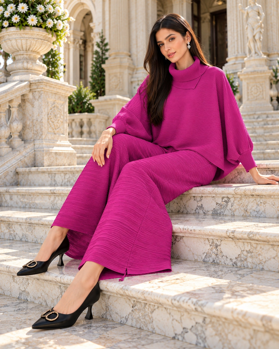 Pleated High Collar Lantern Sleeve Tops Wide Leg Pants Women Spring Causal Two Piece Sets Natalia Home Fashion    Natalia Home Fashion