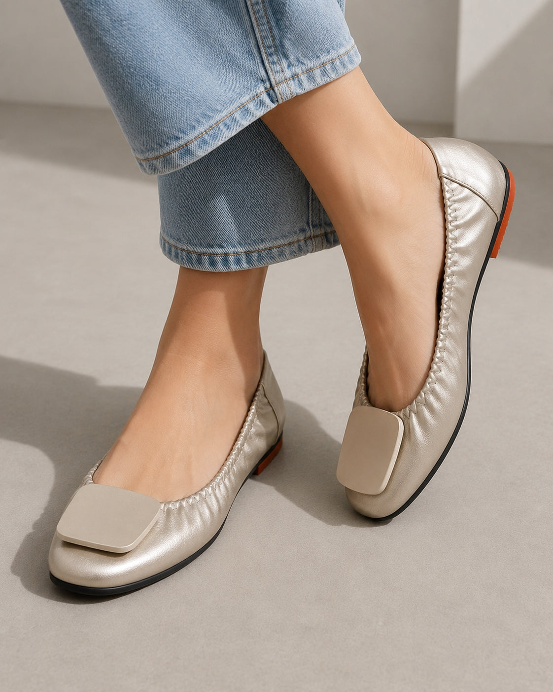 Light Metal buckle roll-up flats ladies shoes cozy moccasins sequined cloth foldable ballet flats