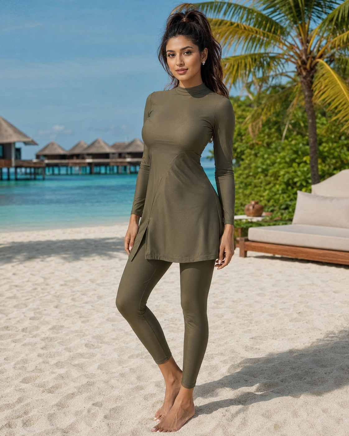 Arab Swimsuit Two-piece Conservative Beach Surfing Sun Protection Swimsuit Muslim Solid Color Long Sleeved Pants Full Wrap Swims