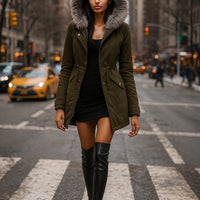 Warm Cotton Jacket with Zipper And Hood Women's Fashionable Slim Fit Coat Long Sleeve Thermal Outerwear - Natalia Home Fashion