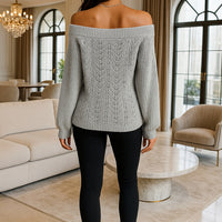 Casual Fashion Solid Color Hollow Out Sweater Off Shoulder Lantern Sleeve Knitted Pullover Women Clothes
