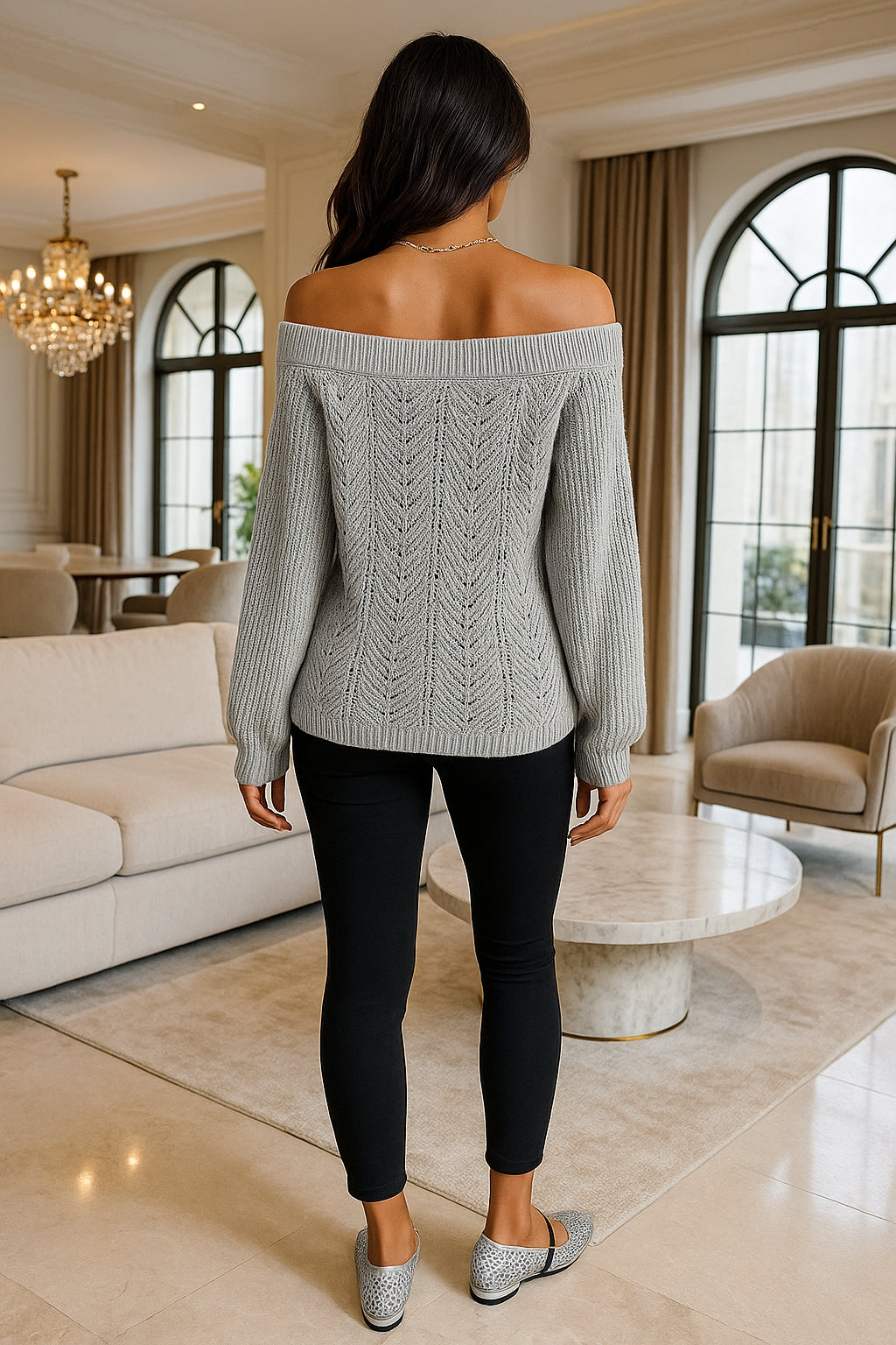 Casual Fashion Solid Color Hollow Out Sweater Off Shoulder Lantern Sleeve Knitted Pullover Women Clothes