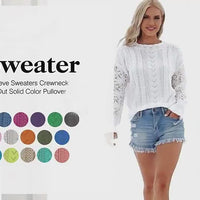 See Through Mesh Hollow Out Tops Long Sleeve Off Shoulder Color Blocking Pullover Knitted Sweater Women