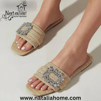 Semi Formal Fashion Square Headed Cane Knitted Flat Heels for Women Slippers Flat Bottom Crystal Sandals every day wear Slides