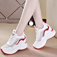 Women's Breathable Mesh Sports Shoes Thick Bottom Casual Flat Platform Sneakers round Toe Mid Heel Cross Buckle