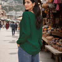 Simple Button V-neck Pullover Women's Solid Long Sleeve Casual T-shirts Elegant Lady Blouses