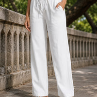 Women Cotton Linen Pants Solid Color Elastic Loose Drawstring Wide-Leg High Waist Trousers Female Stretch Straight Casual Pants