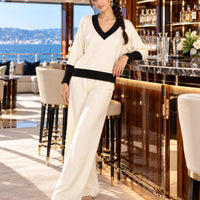 Casual Multicolor Loose Sets V Neck Sweater Solid Wide Legs Long Pants Women Knitwear Thick 2pc Suits Natalia Home Fashion    Natalia Home Fashion