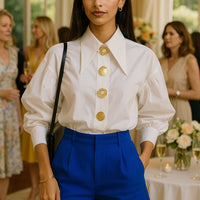 Chic Sharp Corner Collar Blouse Women Elegant Pearl Button White Shirt Ladies New Fashion Lantern Sleeve Shirts