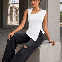 Spring Summer Elegant Stylish Daily Dating Casual Women's Sleeveless Tops Side Ruched Asymmetric Hem One-Shoulder Cut out