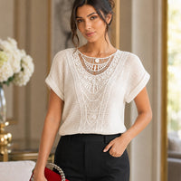 T shirt women fashion lace patchwork short-sleeved T-shirt solid color women's clothing Natalia Home Fashion    Natalia Home Fashion