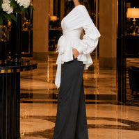 Women's Asymmetric Off-Shoulder Crop-Top Irregular Bow-Waist Puff-Sleeve Party Evening Top