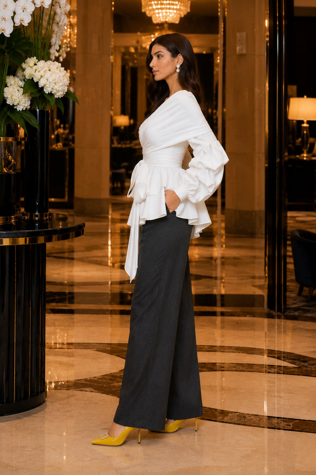 Women's Asymmetric Off-Shoulder Crop-Top Irregular Bow-Waist Puff-Sleeve Party Evening Top