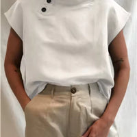 Women Cotton Linen Stand Collar Blouses Cap Sleeves Solid Color Loose Fit Casual Fashion Female Shirts Tops