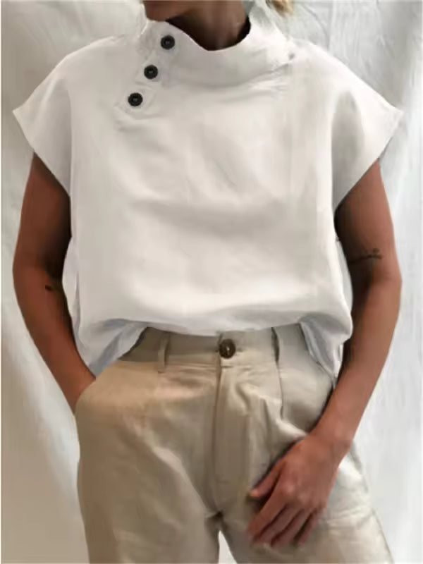 Women Cotton Linen Stand Collar Blouses Cap Sleeves Solid Color Loose Fit Casual Fashion Female Shirts Tops