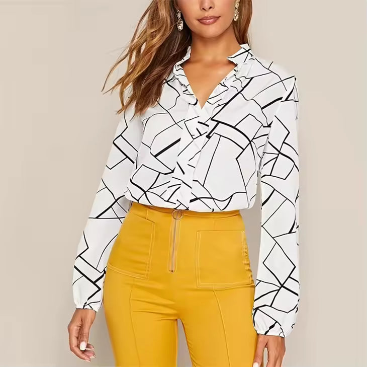 Women's Random Striped Blouse Slim Long Sleeve Printed Turn Down Collar Shirts Single-breasted Office Lady Shirt