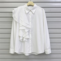 Advanced Style Shirt With Women's Fashion Ruffle Edge Splicing Design Single Breasted Long Sleeved Shirt Women's Loose And Versa