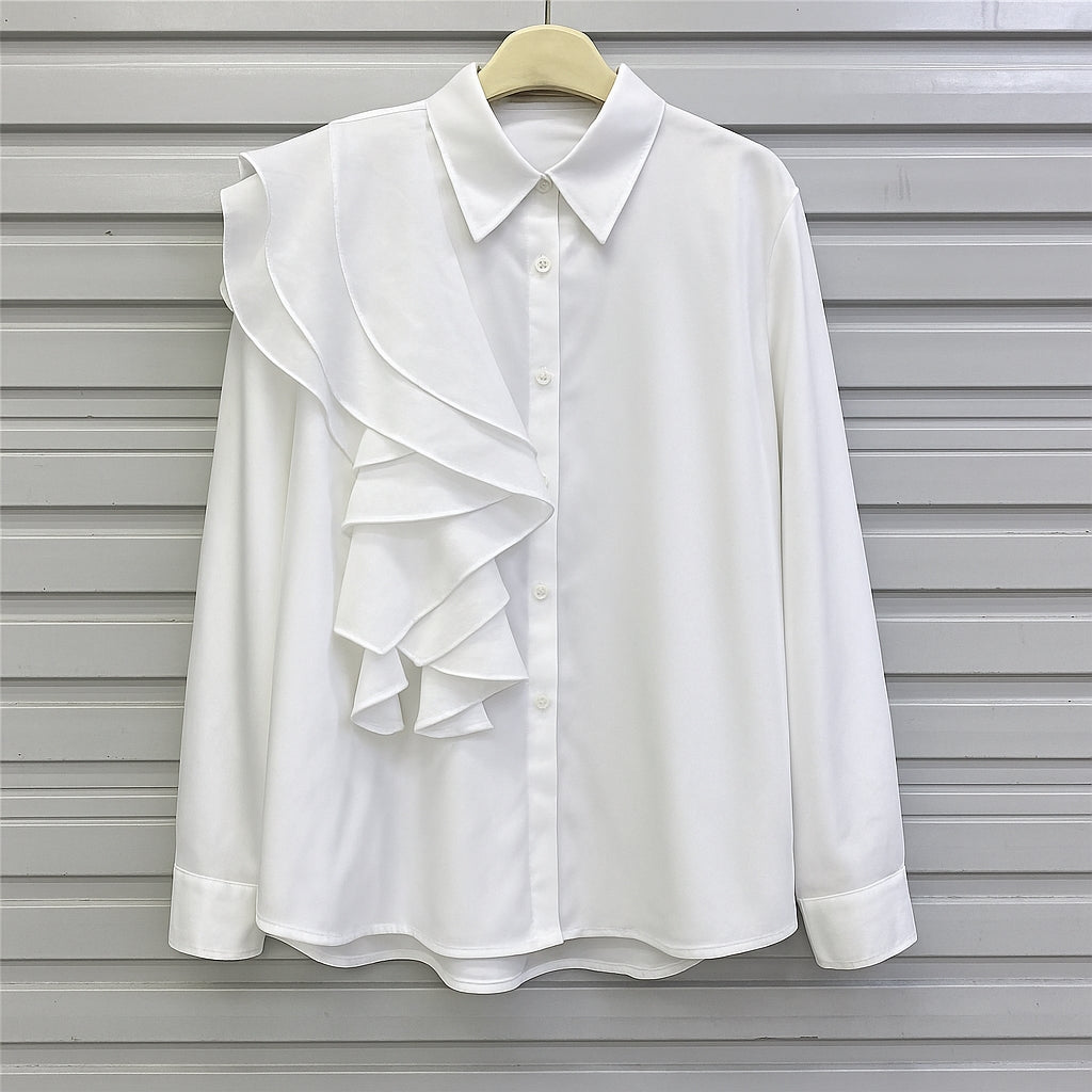 Advanced Style Shirt With Women's Fashion Ruffle Edge Splicing Design Single Breasted Long Sleeved Shirt Women's Loose And Versa