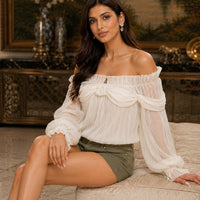 Off Shoulder Sweet Chiffon Top Long Sleeve Elastic French Style Solid Women Vacation Ruffles Loose Dresses