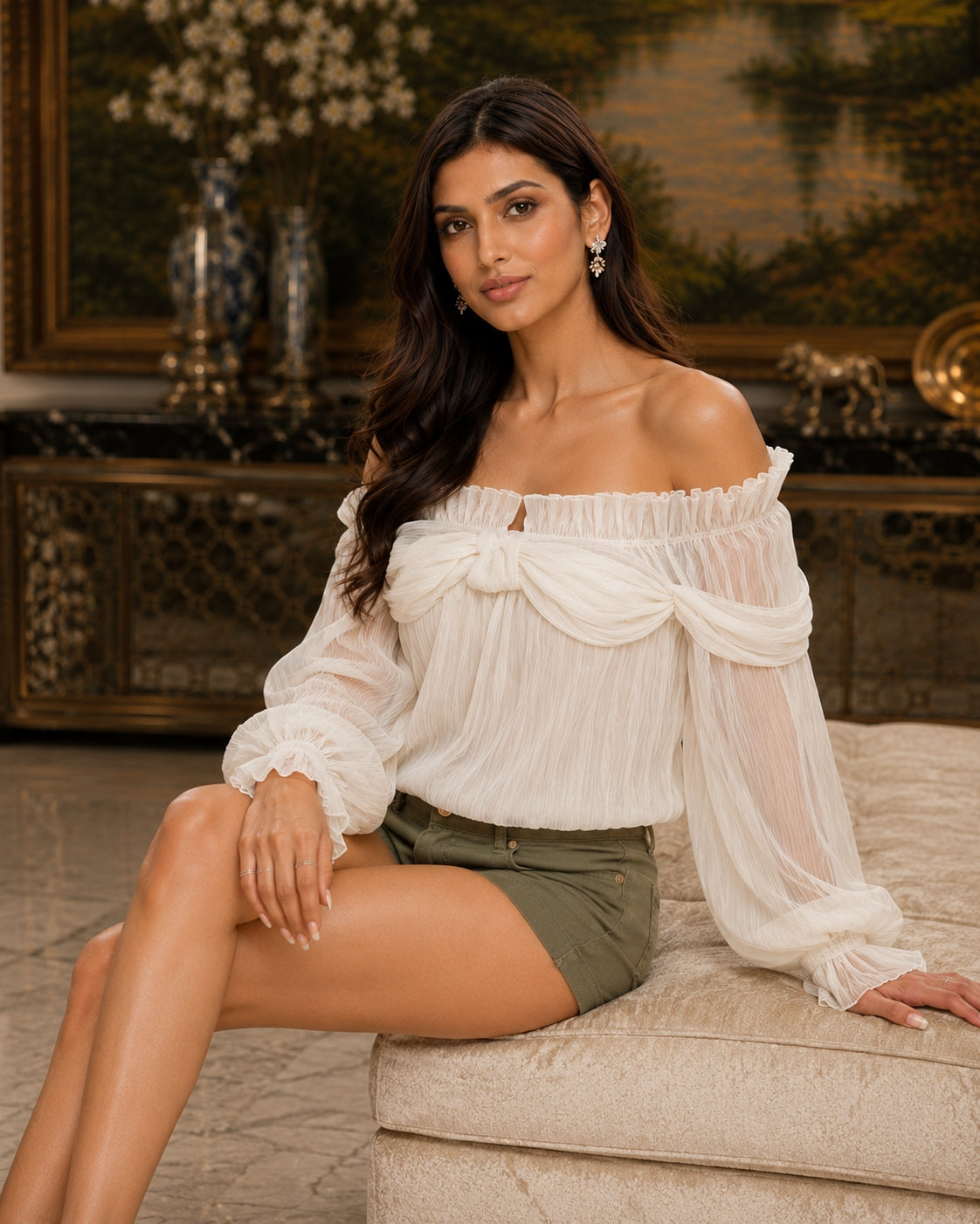 Off Shoulder Sweet Chiffon Top Long Sleeve Elastic French Style Solid Women Vacation Ruffles Loose Dresses