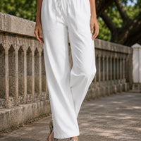 Women Cotton Linen Pants Solid Color Elastic Loose Drawstring Wide-Leg High Waist Trousers Female Stretch Straight Casual Pants