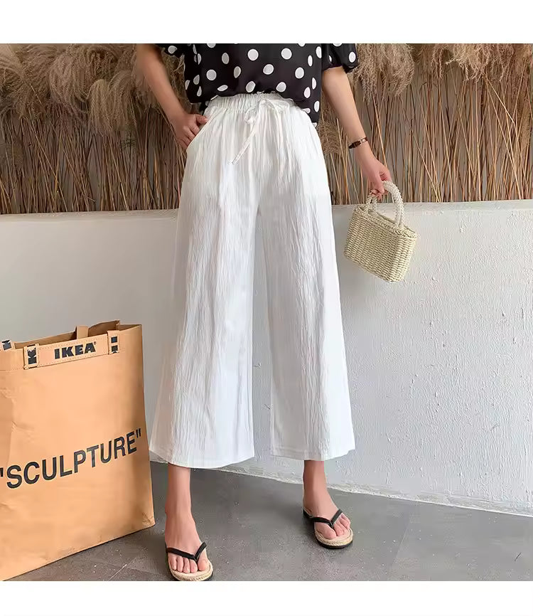 Casual Baggy Wide Leg Trousers Women Summer Thin Comfy Breathable Ankle Length Pants Vintage Loose Cotton Linen Straight Pants