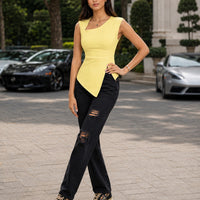Spring Summer Elegant Stylish Daily Dating Casual Women's Sleeveless Tops Side Ruched Asymmetric Hem One-Shoulder Cut out