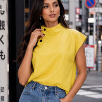 Women Cotton Linen Stand Collar Blouses Cap Sleeves Solid Color Loose Fit Casual Fashion Female Shirts Tops